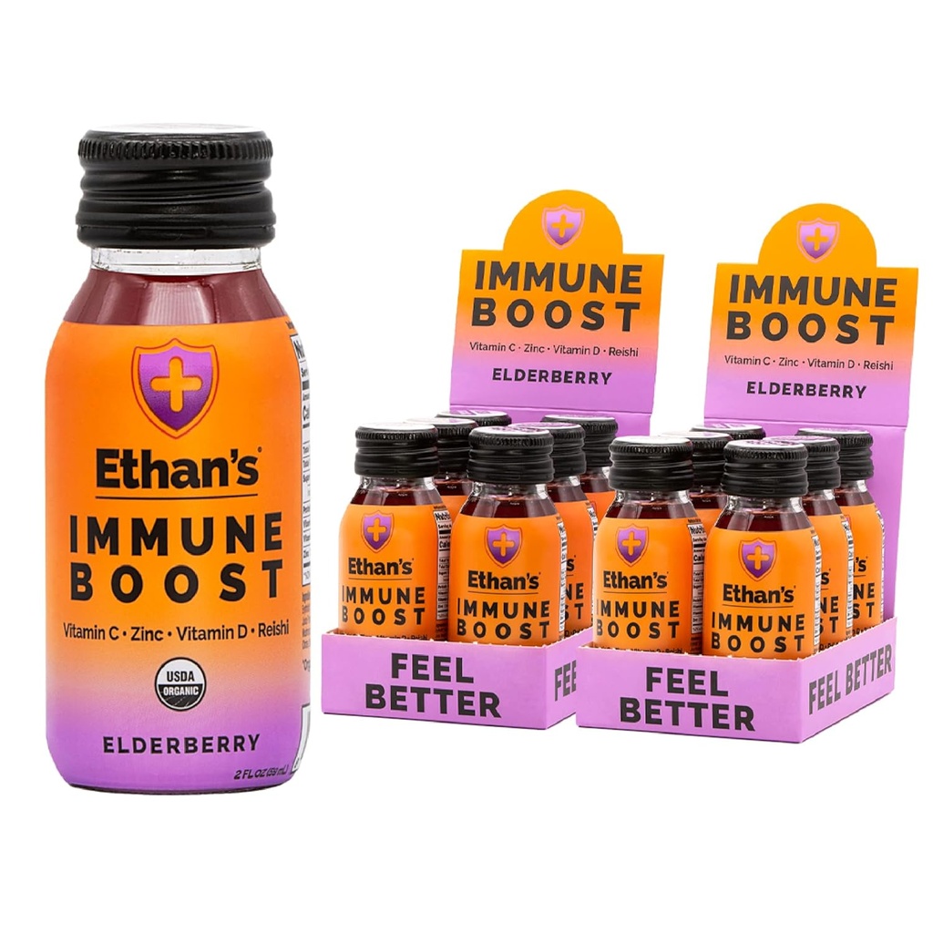 Immune Boost Shots, Elderberry Flavor. להרגיש טוב יותר תמיכה בתחמושת, המיוצרת עם פירות אמיתיים, ויטמין C, ויטמין D, ריישי, זינקי, עם תוספת סוכר (12 Pack of 2oz Shots)