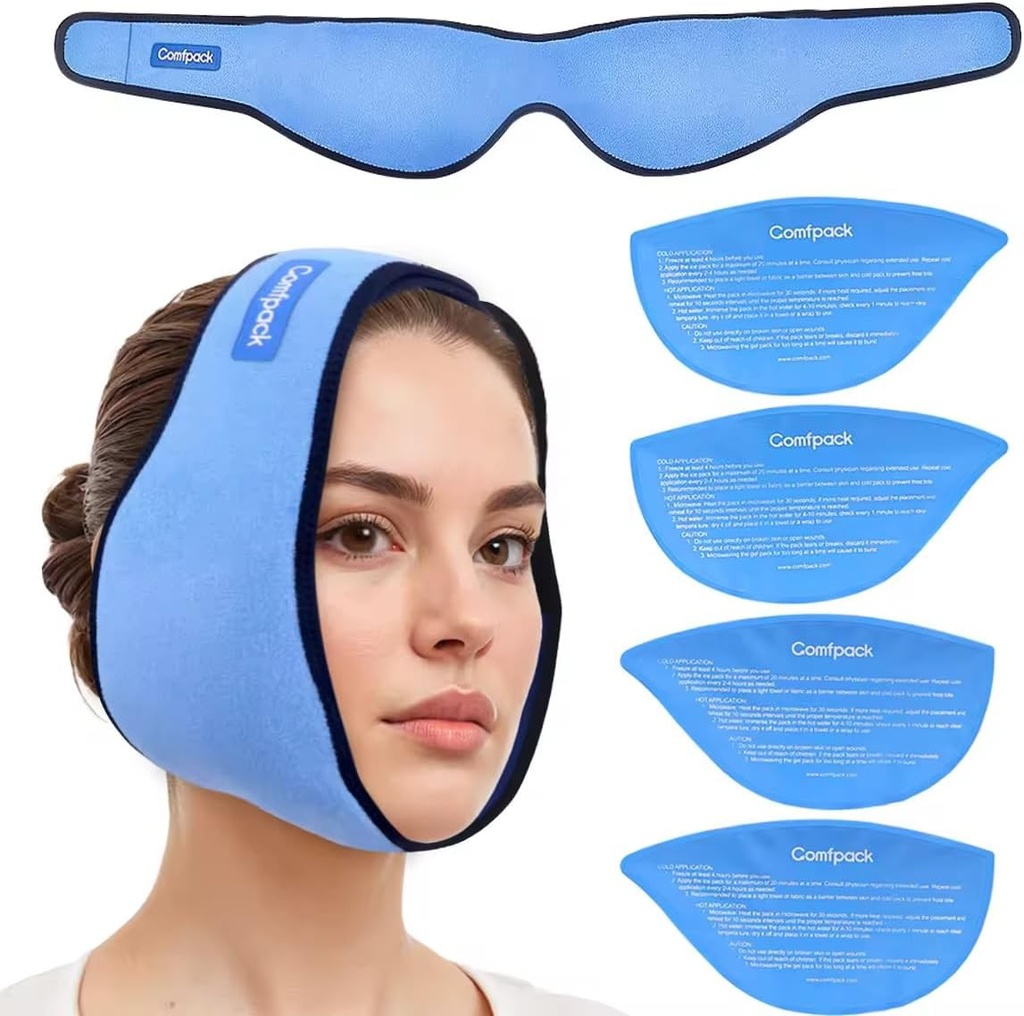 חבילת קרח לשיניים חוכמה נשללת עם 4 חבילות חם חם , חכם שיניים Ice Pack Head Wrap for טונסילectomy, TMJ, Tooth Extraction, Jaw Pain, Oral Surgery, Cosmetic זריקות