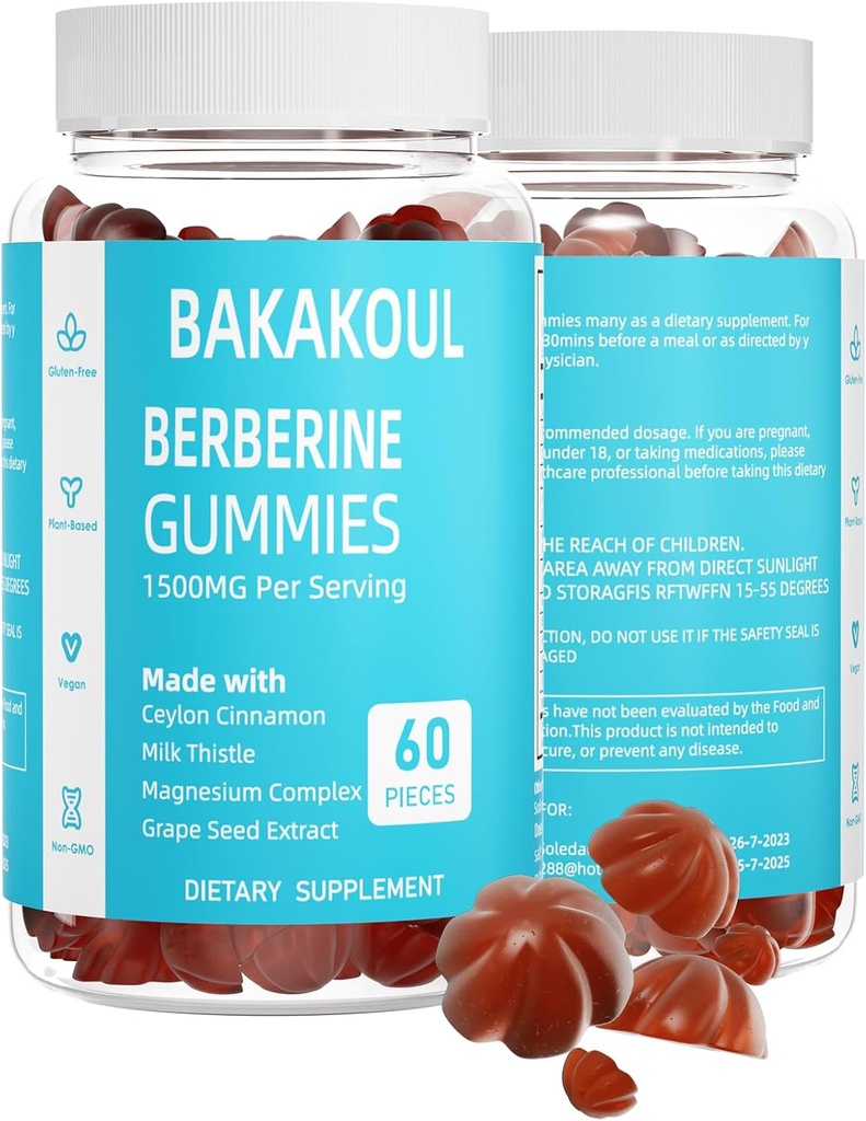 ברברין עם Ceylon Cinnamon Gummies, Sugar-Free Berberine 1500 מ"ג ו Ceylon Cinnamon 500 מ"ג, High Potency Berberine Gummies with Magnesium Complex and Milk Thistle, 60 חניכיים