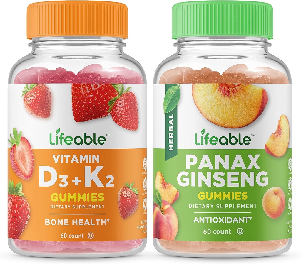 ויטמין D3 + ויטמין K2 + Panax גינזנג, חניכיים Bundle - גדול Tasting, ויטמין תוסף, Gluten Free, GMO חינם, Chewable Gummy