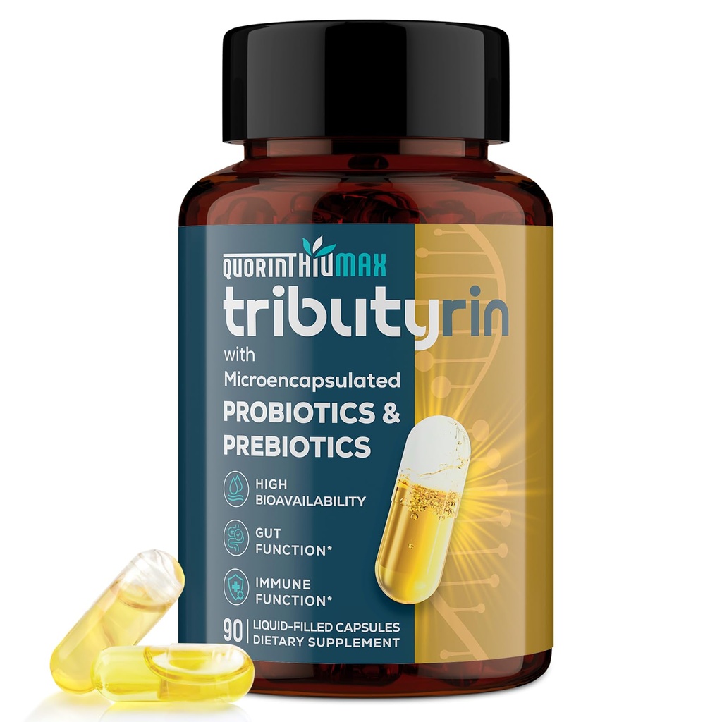 תוסף Tributyrin עבור Gut & Immune 800 מ"ג | זמינות ביולוגית גבוהה עם Microencapsulated Probiotics & Prebiotics - Advanced Liquid-Filled Tributyrin Complex, Gluten Free, 90 קפסולות