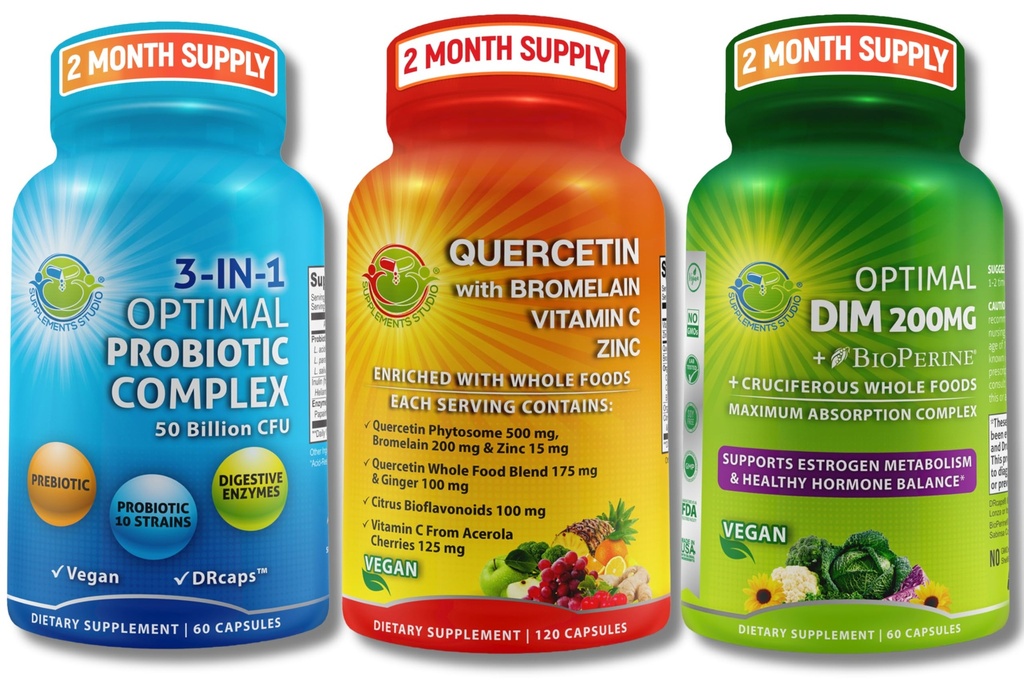טבעוני Hormonal, Immune & Gut Health Support Bundle - Quercetin 500 מ"ג עם Bromelain, Zinc & ויטמין C + DIM 200 מ"ג עם BioPerine® + 3in-1 Probiotic 50 מיליארד CFU עם Enzymes & Prebiotics