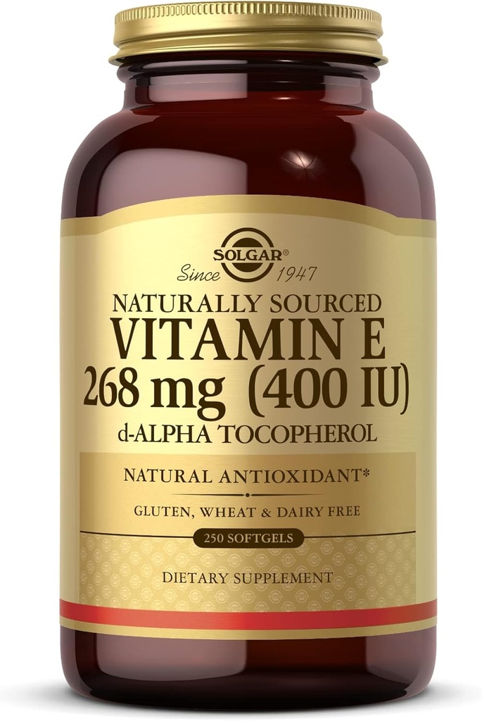 ויטמין Solgar E 268 מ"ג (400 IU) - 250 Softgels - באופן טבעי מקור ויטמין E כמו d-Alpha Tocopherol - Gluten Free, Milk - 250 משרתים