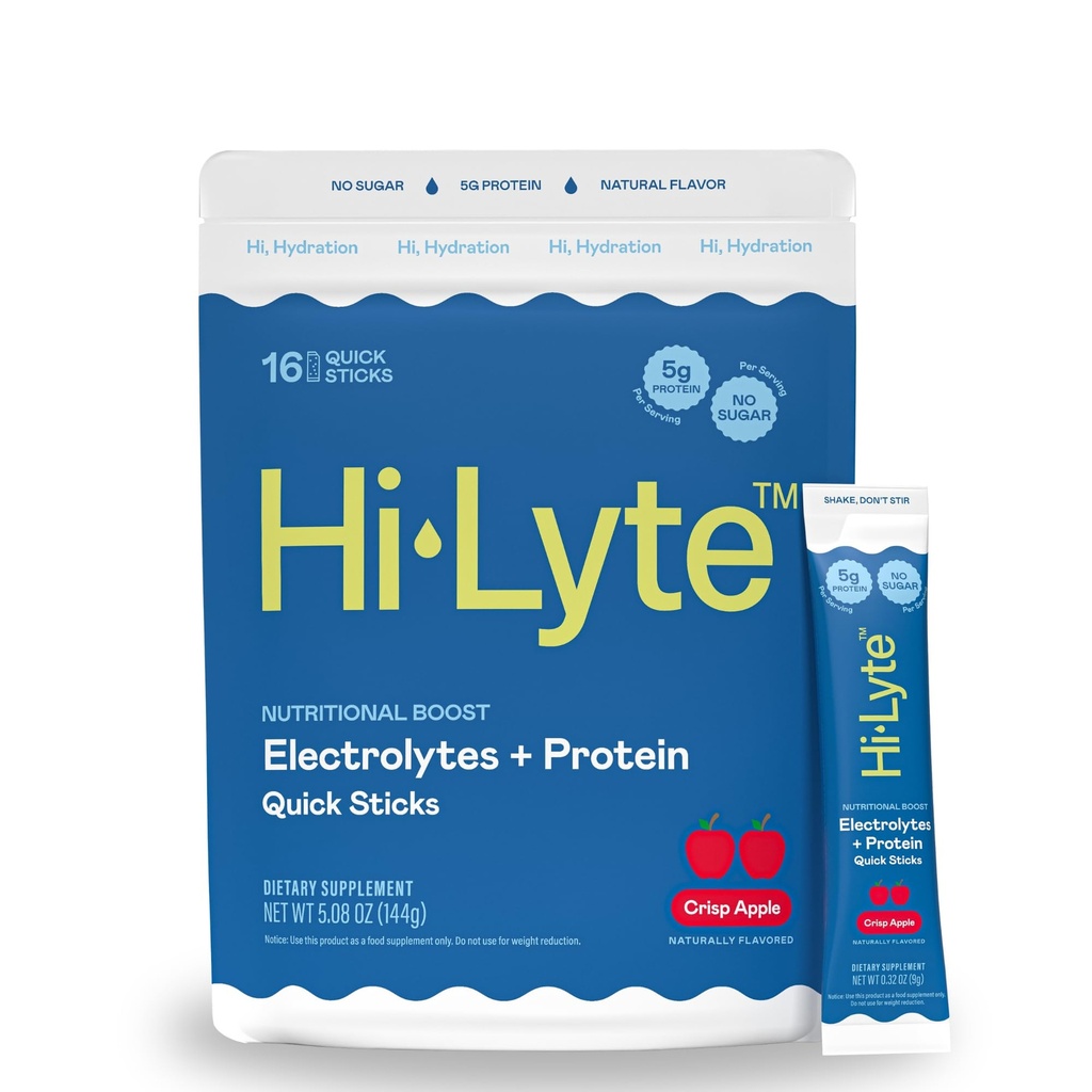 Hi-Lyte Electrolytes + חלבון מהיר Sticks קריספ אפל, 16 משרתים - Sodium, Potassium, חלבון Whey - Keto Friendly - 5g חלבון, No Sugar