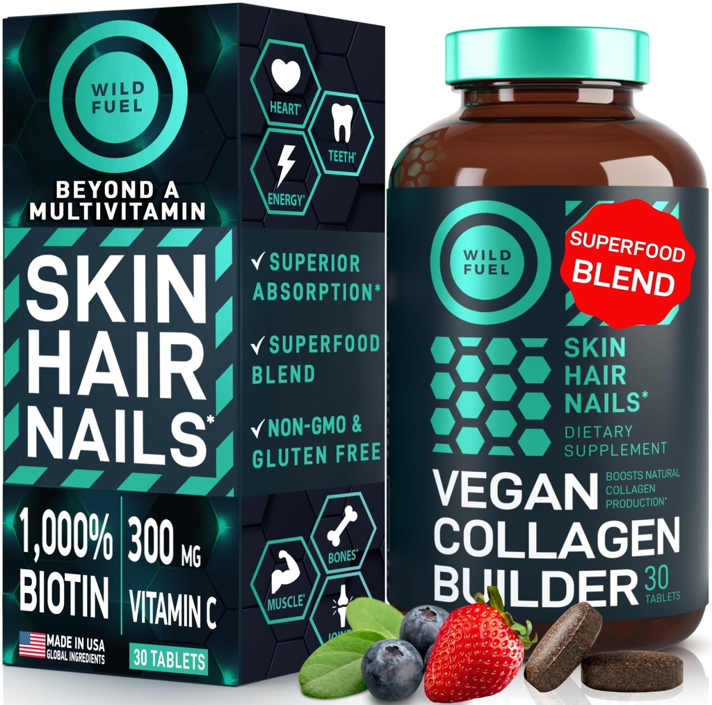 WILD FUEL טבעוני קולגן בונה - ביוטין, אורגני Superfood, Amino Acids Glycine, Lysine, Proline Plant-based Collagen Boosters - 30 טבליות ייצור אורגני