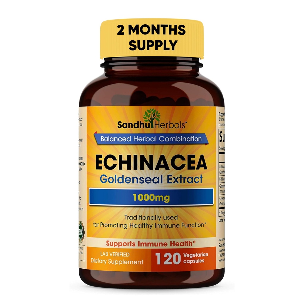 SANDHUHERBALS Sandhu Herbals Echinacea Goldenseal 1000 Mg 120 קפסולות | Immune System Support Respiratory Response inflammatory תוסף תגובה