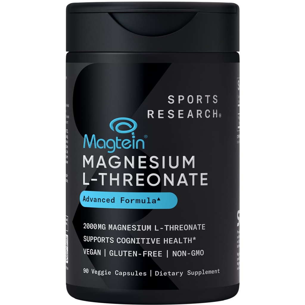 מחקר ספורט Magtein Magnesium L-Threonate קפסולות - תוסף מגנזיום לזיכרון, פוקוס וקוגניציה - Magnesium L Threonate תומך בבריאות המוח, שינה & Mood - 2000mg, 90 קפסולות למבוגרים