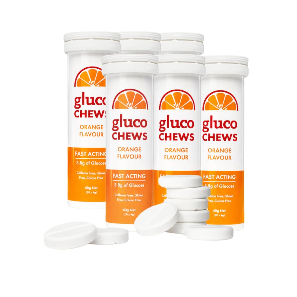 Glucochews Orange Glucose Tablets – 60 Tablets (10 per Tube, 6 Pocket-Sized Tubes) – 3.8g Fast-Acting Glucose Each – Boosts Energy & Blood Sugar – Gluten-Free, Fat-Free, Caffeine-Free