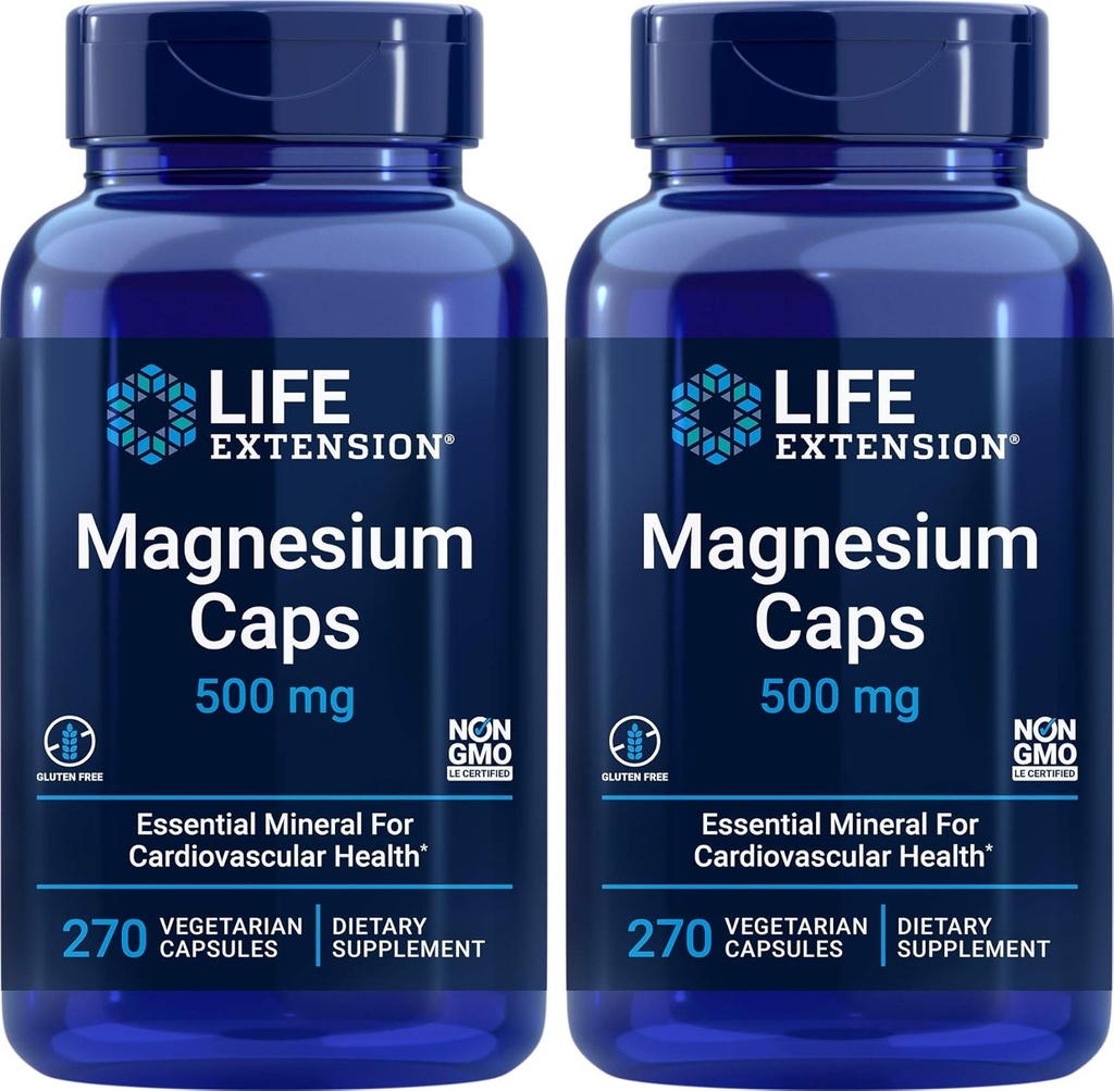 Life Extension Magnesium Caps 500 מ"ג, 270 קפסולות (Pack of 2) - טבעוני, non-GMO, Mag Complex תוסף w/Oxide, Citrate, Succinate