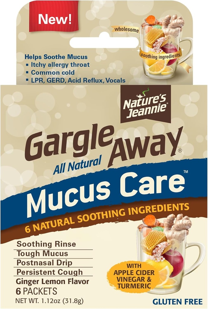 Gargle Away by Nature's Jeannie All Natural Mucus Care-Soothes Mucus, Post Nasal Drip, Persistent Cough, 6 Packets, ג'ינג'ר לימון פלמור