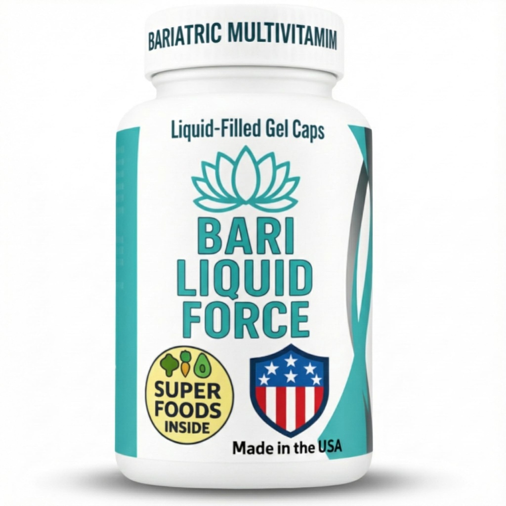 Bari Liquid Force One a Day Bariatric Multivitamin with Iron - Rapid Absorption Gel Caps for Gastric Op, Bypass, Duodenal Switch - Superfood Band - Bariatric Must Haves for Women & Men