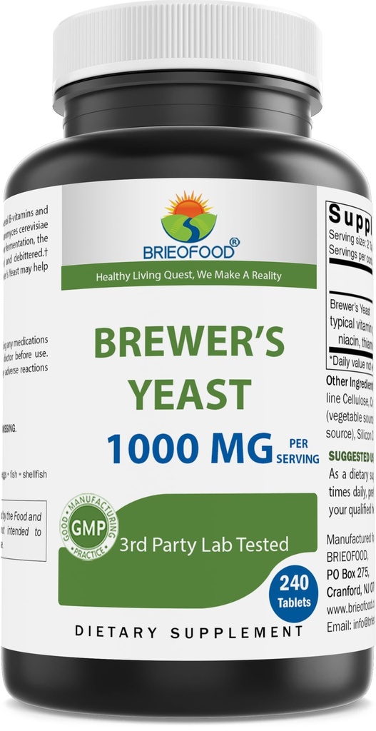 Brieofood Brewers Yeast 1000 מ"ג לשרת - 240 טבליות - צד שלישי Labe נבדק עבור Purity & Quality