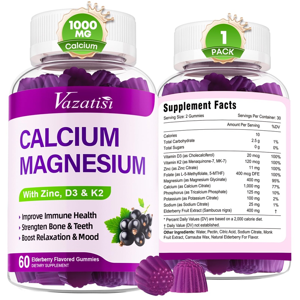 Calcium Magnesium Zinc Gummies עם ויטמין D3 ו-K2, High Absorption Magnesium Glycinate Potassium עבור Immune ושרירים, טבעוני Elderberry Flavor 60 מימיות