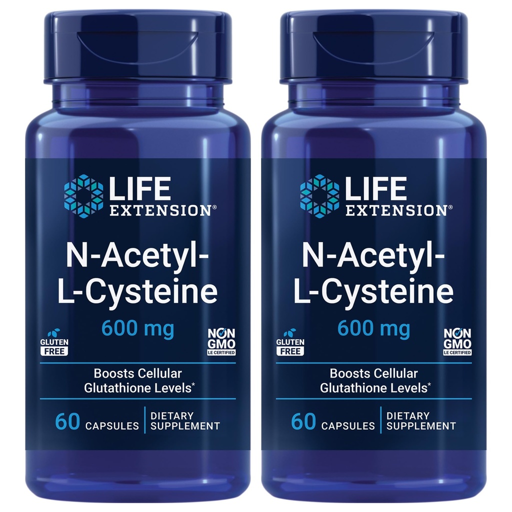 Life Extension N-Acetyl-L-Cysteine (NAC), Immune Response, Respiratory Health, Liver Health, NAC 600 מ"ג, אבטחה נוגדי חמצון, רדיקלים חופשיים, קל ל Absorb - 2 Pack x 60 קפסולות