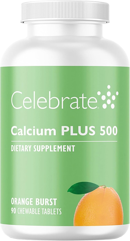 חוגגים ויטמינים Calcium Plus 500 Bariatric Calcium Citrate עם ויטמין D3 Chewable, 500 מ"ג, Gluten-Free & Sugar-Free, Calcium Citrate for Bariatric, Orange Burst, 90 ספירה