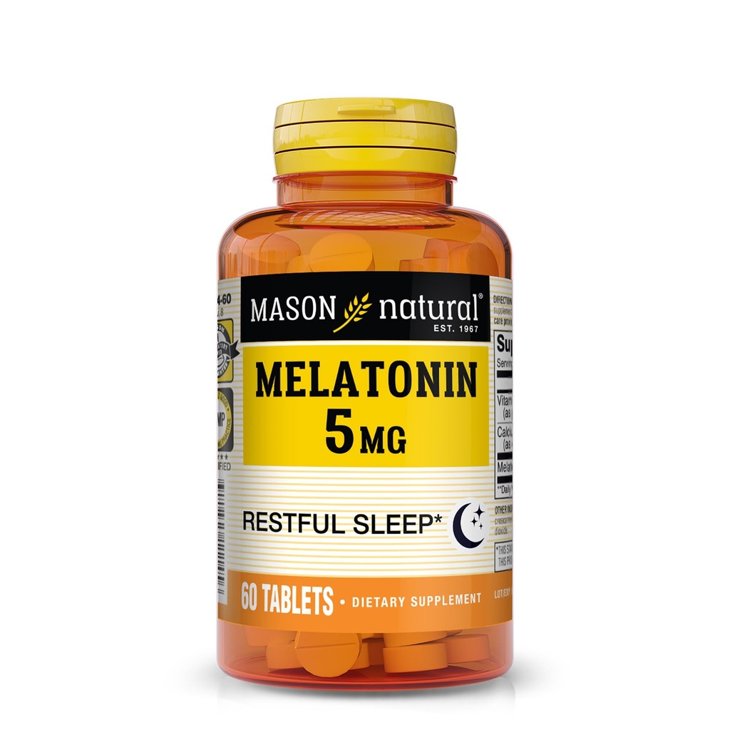 מייסון מלטונין טבעי 5 מ"ג עם B6 & Calcium, Natural Sleep Aid, תומך שינה שקטה, 60 טבליות
