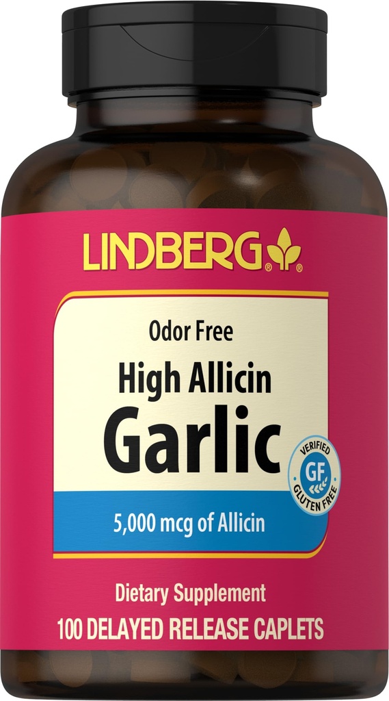 Lindberg Garlic תוספת גלולות | 500mg | 100 Caplets | Odorless with High Allicin (5000mcg) | Allium Sativum Extract
