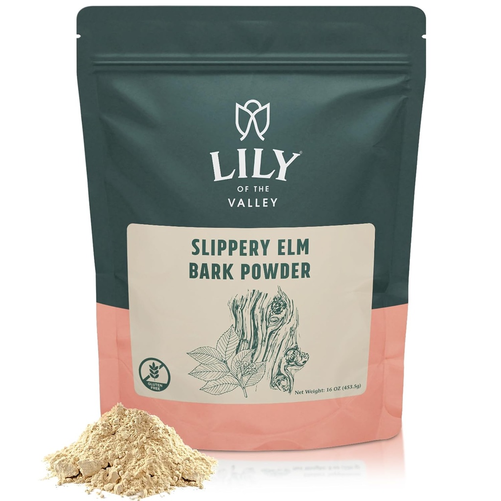 לילי של עמק Slippery Elm Bark אבקת Ulmus Rubra - No Irradiated No Contaminated - Pet Friendly - Vegan & Gluten-Free - ארוז ב Pouch בר קיימא (16oz, 453g)