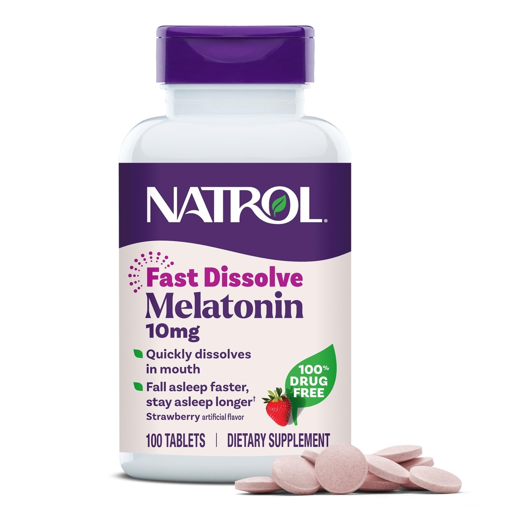 Natrol Melatonin 10 מ"ג טבליות מלוטש מהיר - סטרוברי פלמור, 100 הרוזן, תמיכה בשינה, במהירות dissolve מלטונין למבוגרים, 100 ימים אספקה