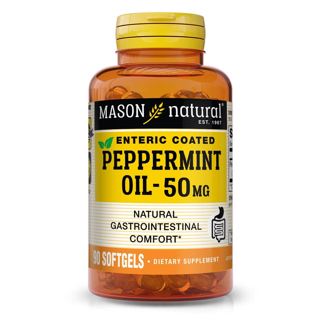 MASON NATURAL Peppermint שמן 50 מ"ג Enteric Coated תוסף, 90 יום אספקה של תמיכה גסטרו מעיים עבור תפקוד תקין של Bowel, Softgel Pills