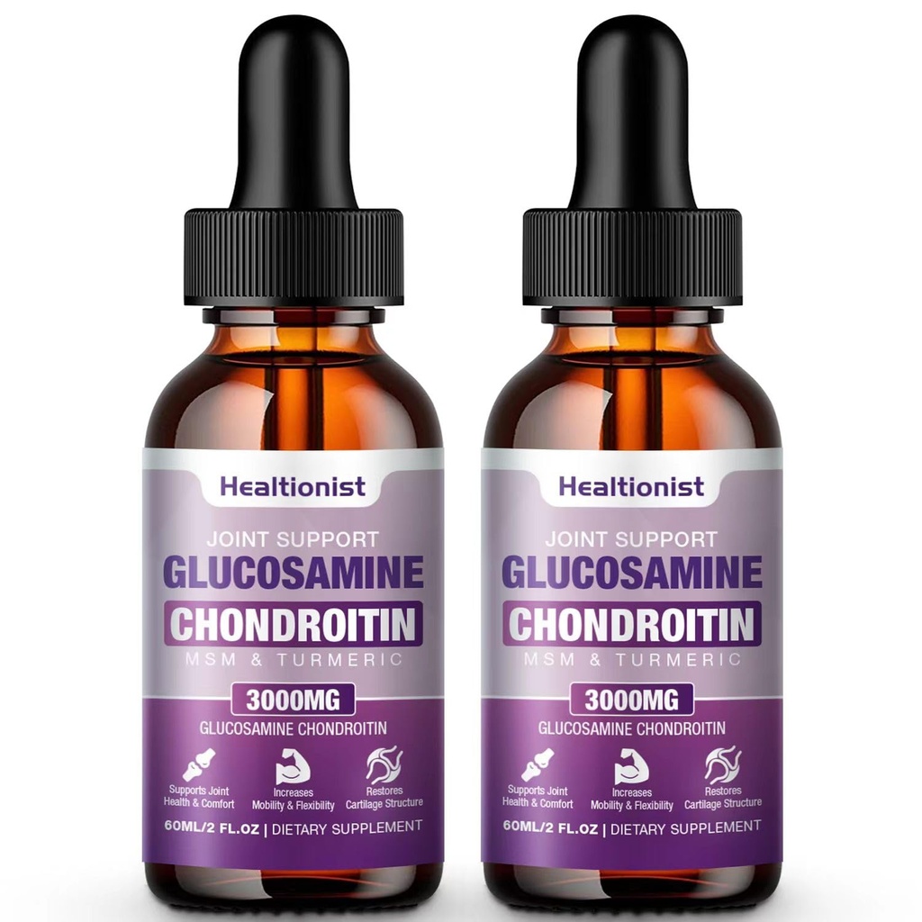 2 Pack Glucosamine Chondroitin MSM נוזל טיפות, תוספת תמיכה משותפת תוספת כוח עבור מבוגרים גברים ונשים, Quercetin Boswelia, Bromelain, Antioxidant Immune תמיכה (4 Fl oz)
