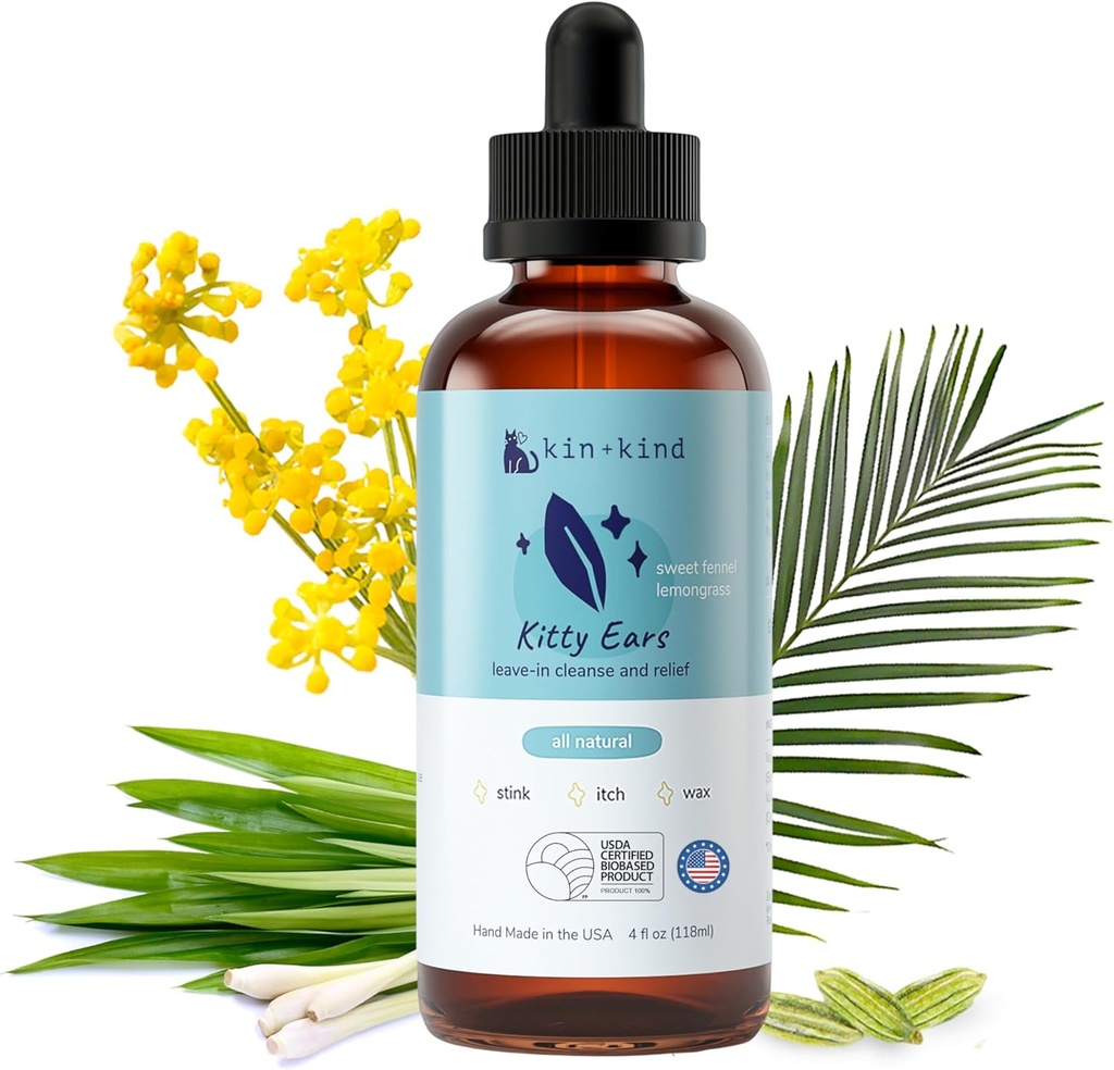 kin+kind Cat Earnker - Cat Ear Drops, Vet Ear Solution, מבטל Wax, Odor and Itchy Irritation, Catאוזן ניקויer פתרון, טבעי בבית Pet Grooming - מיוצר בארה"ב