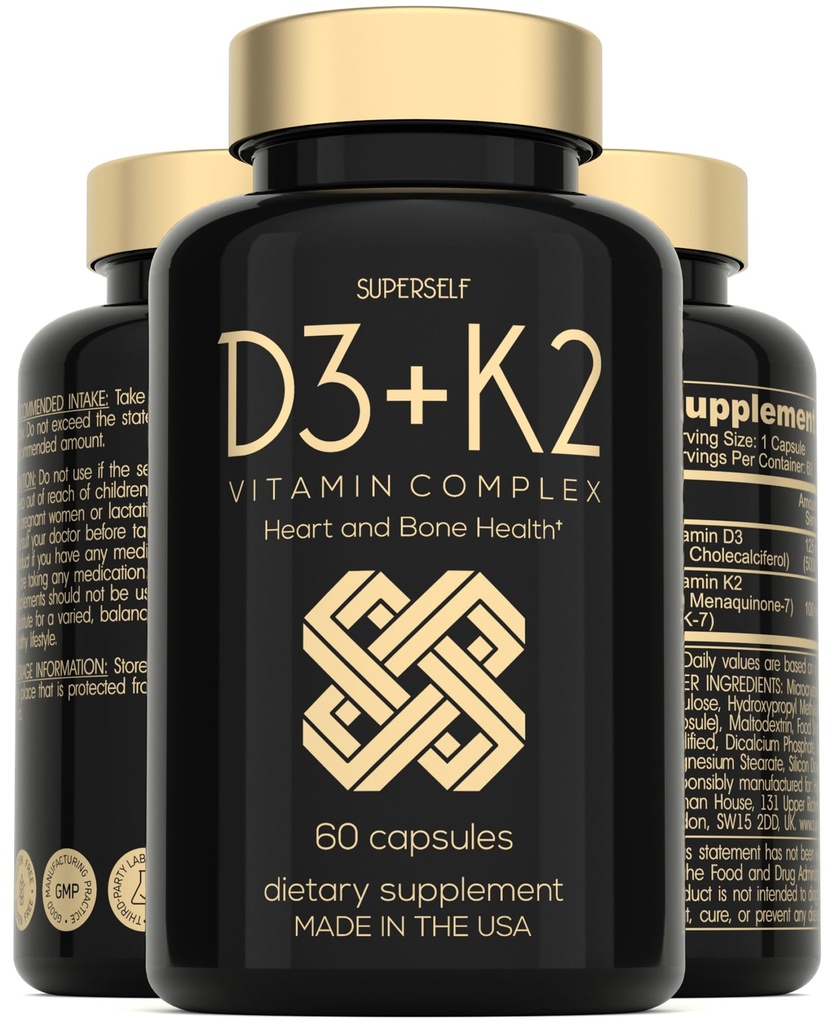 ויטמין D3 K2 קפסולות - ויטמין D3 5000 IU ווויטמין K MK7 100mcg - 60 קפסולות - ארה"ב יצרה ויטמין D צמחוני - חוזק גבוה VIT D עבור עצמות, שרירים, שיניים, מערכת החיסון