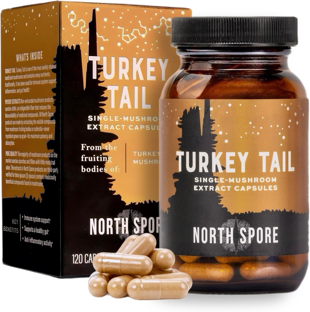 North Spore Organic Turkey Tail לחלץ קפסולות תוספי Mushroom | Stamina & Endurance | 60 יום אספקה | High Potency Band | 100% פריצה גוף