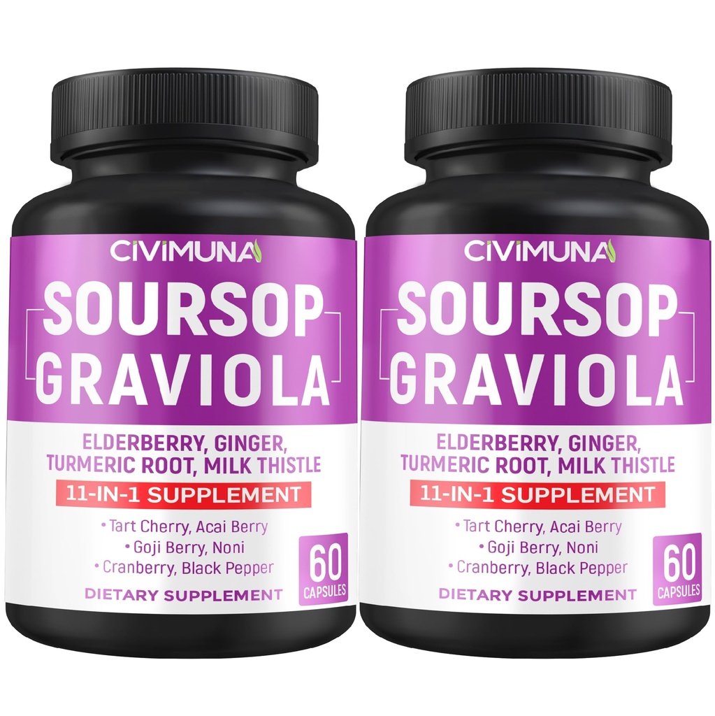 Soursop Graviola כמוסות עם Elderberry, Turmeric Curcumin ועוד - 120 קפסולות עבור 4 חודשים אספקה (pack של 2)