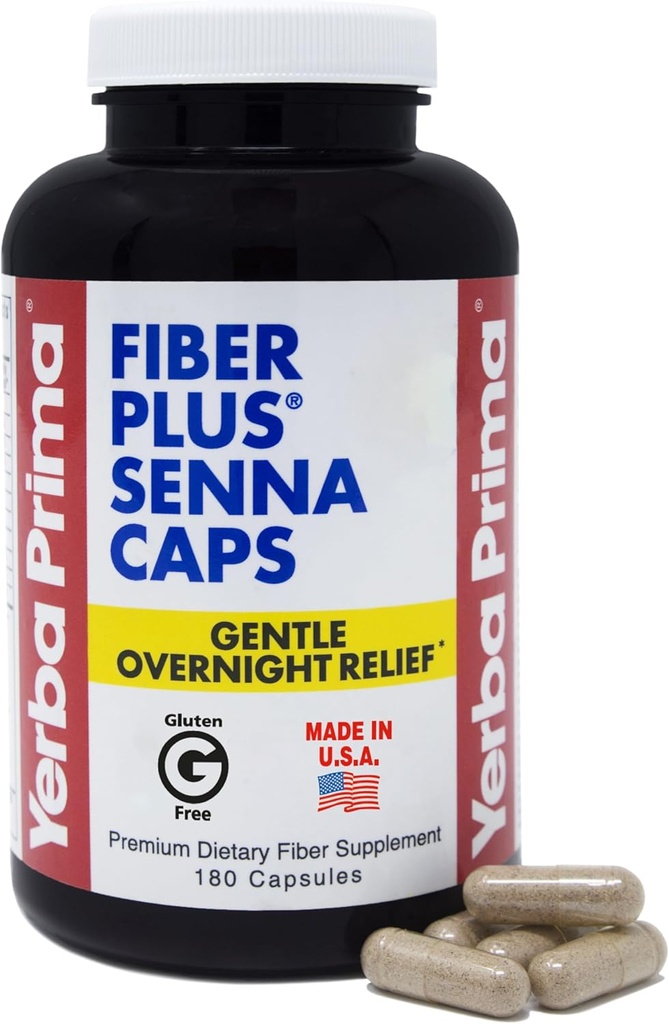 Yerba Primafi Plus Senna כמוסות, 180 הרוזן - Gentle Overnight הקלה, ארה"ב Made, non-GMO, עבור שימוש לטווח קצר כדי לשחזר סדירות