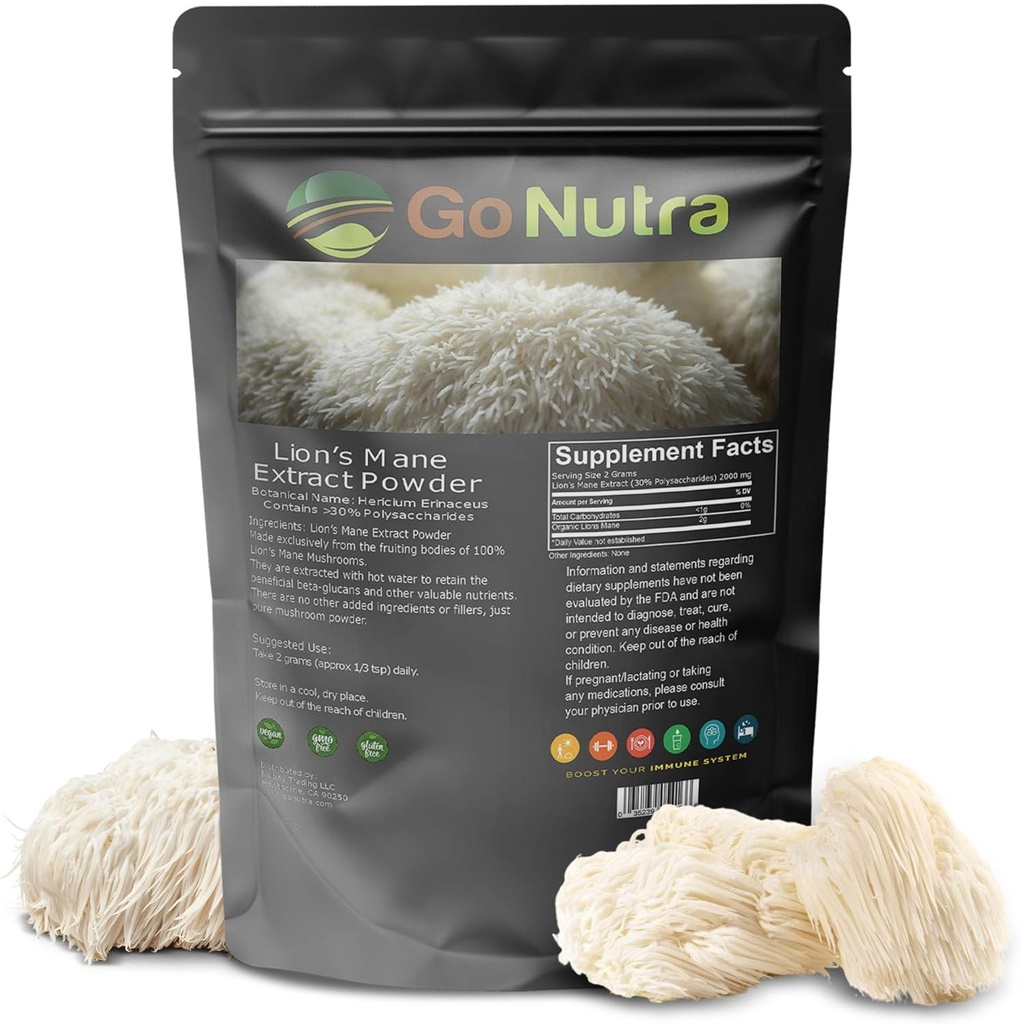 Go Nutra - אבקת Mane של אריה, פוטנט 10:1 אבקת Mane Mushroom עם 30% Polysaccharides, Pure Lion's Mane לחלץ תה, Juice, מים ועוד, non-GMO, טבעוני 4 oz oz oz oz