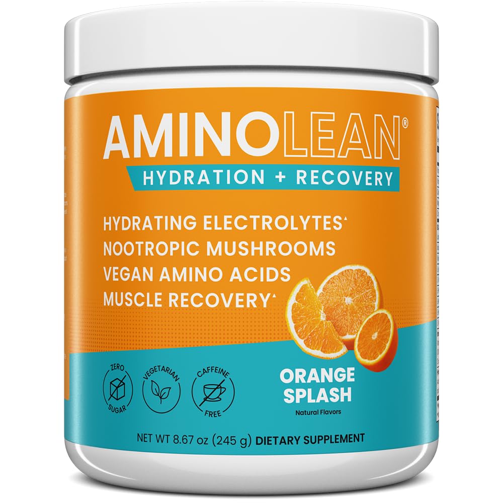 AminoLean hydroting אבקת אלקטרוליט ושותה התאוששות עם מינרלים ים, Nootropic Mushrooms, ואת טבעוני Amino Acids, BCAAs + EAAs עבור פוסט עבודהout שריר בניין, כתום Splash Splash Splash