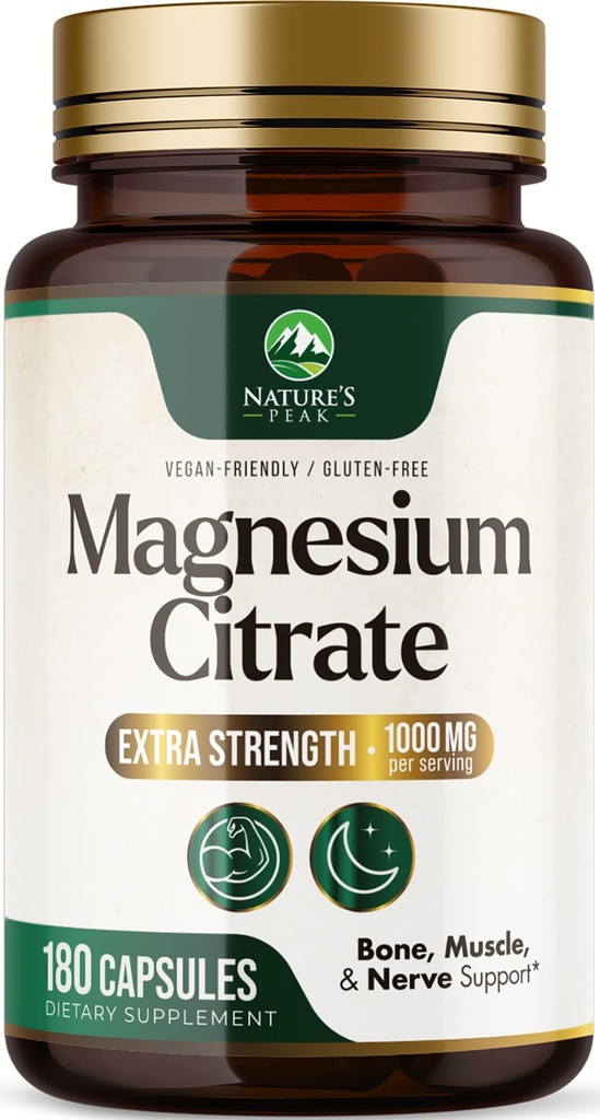 Magnesium Citrate 1000mg - High Absorption Magnesium תוספת תמיכה שריר, עצם, עצב ובריאות הלב - תוספת כוח Magnesio Complex Pills - non-GMO, Premium Energy Formula - 180 קפסולות