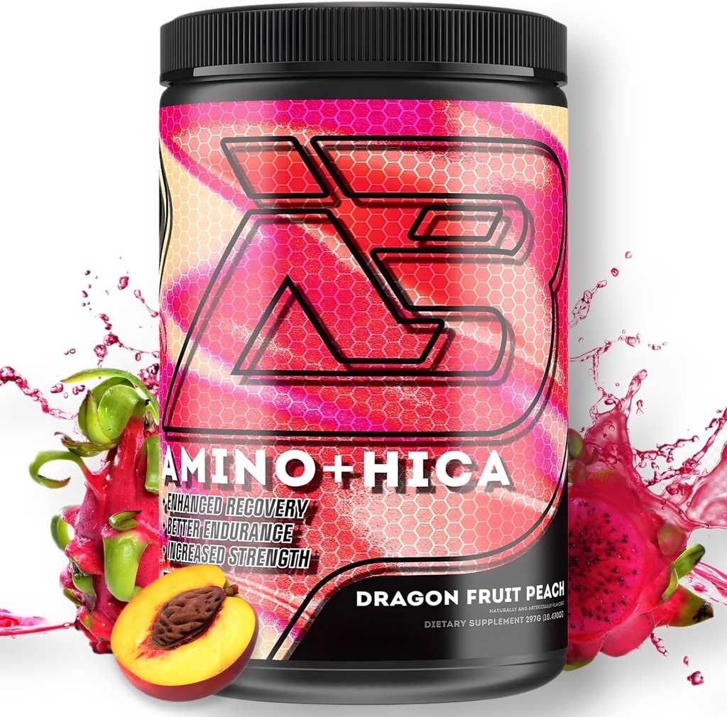Amino + HICA EAA תוסף | Enhanced Recovery, Better Endurance, הגדלת כוח, אנרגיה, הידרציה | Bcaa, Electrolytes, Leucine, אבקה, 30 משרתים (Dragon Fruit Peach)