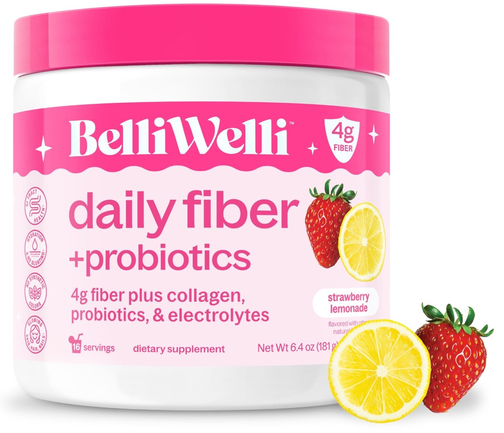 Belli Welli סיבים תוספת לנשים & גברים, Premium Daily סיבים אבקה אורגני Acacia עם תוספת Collagen, Electrolytes & Probiotics, No Bloat, Constipation & Gut Health Support (Strawberry Lemonade)