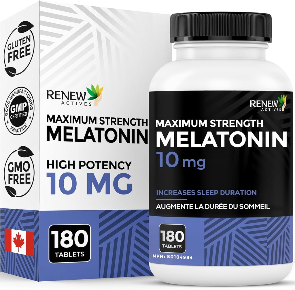 Renew Actives Melatonin 10 מ"ג לשרת - מקדם Deeper, Longer & אידיאלי עבור Sleep Management, Jet Lag ו- איפוס מחזור השינה שלך - מיוצר בקנדה - 180 טבליות