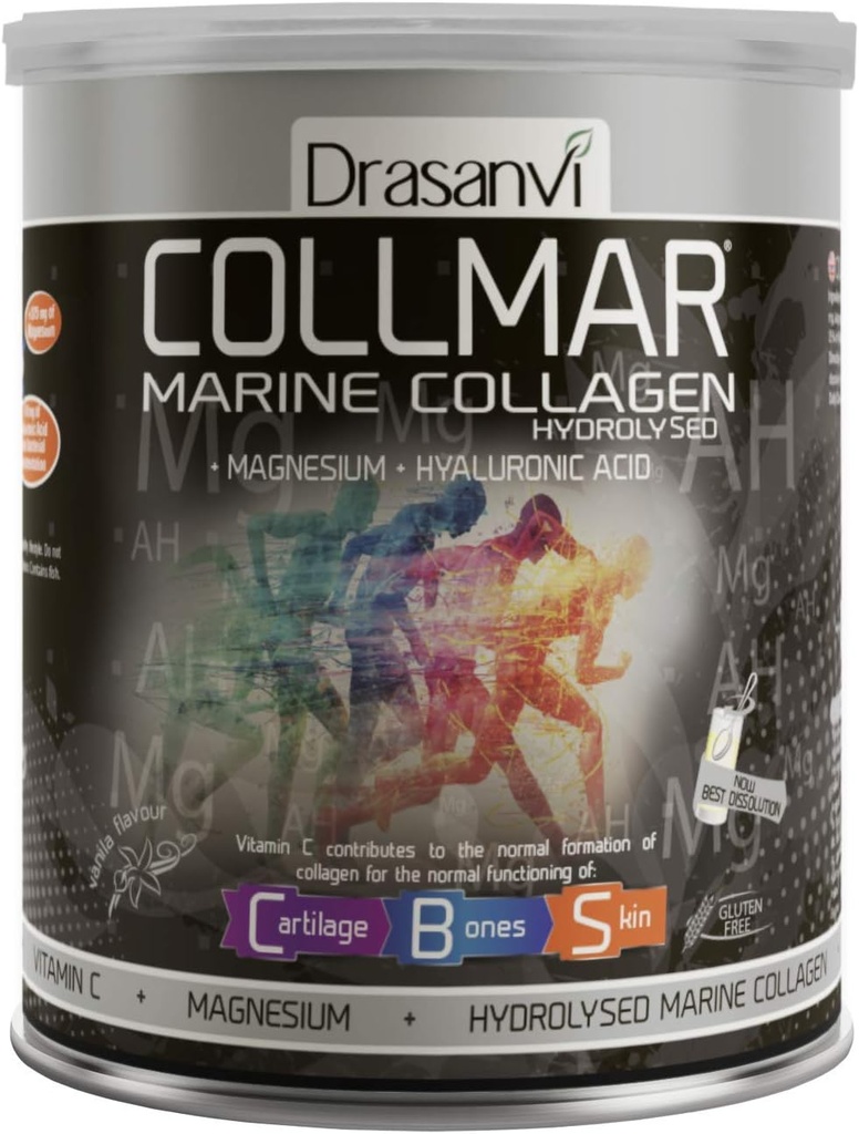 Drasanvi Collmar hydrolyzed Marine Collagen עם אבקת Magnesium 300g / 10.58ounce / Vanilla Flavor - for a Healthy Skin Cartilage and Bones - מסייע למזער עייפות ושומן