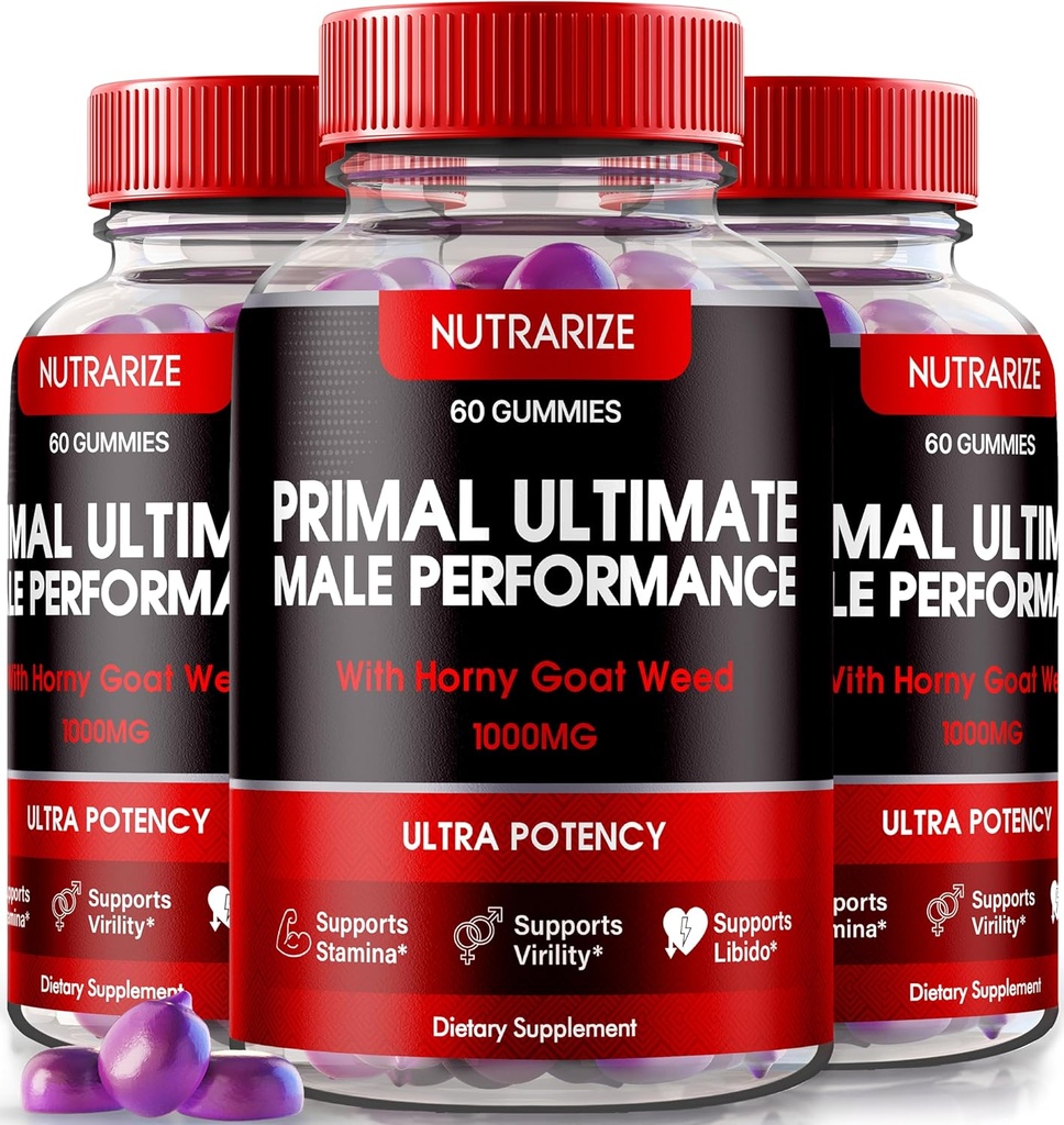 NutraRize (3 Pack) Primal Ultimate Gummies, תוסף ביצועים פרימינליים רשמי, המפתח ל Regain אמון, Premium Gummy, ראשי תיבות של Prime Ultimate Reviews (180 מסטיקים)