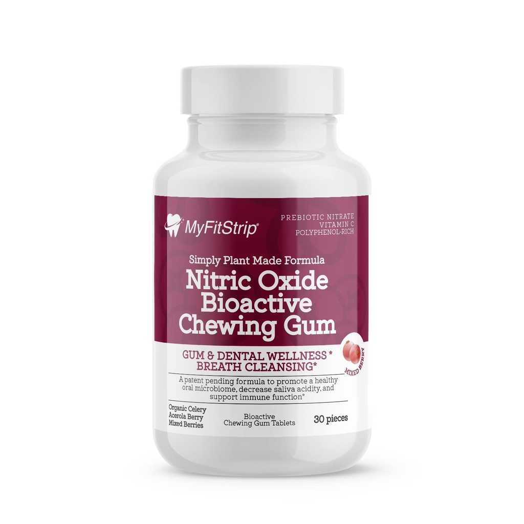 Prebiotic Nitric Oxide Chewing Gum על ידי MyFitStrip - אורגני Prebiotic Nitrate Leafy Celery Greens, Acerola Berry, Polyphenol-rich Dark Berries, ו Xylit Formula - 30 טבליות ביואקטיביות