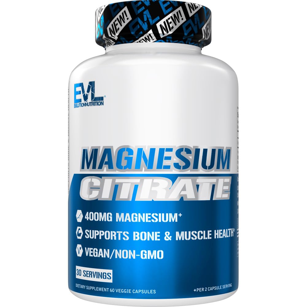 EVL Magnesium Citrate קפסולות 400 מ"ג - שריר ובריאות העצם תוספת עם Pure Magnesium Citrate עבור מנוחה שרירים וכוח העצם - 60 קפסולות Veggie לבריאות