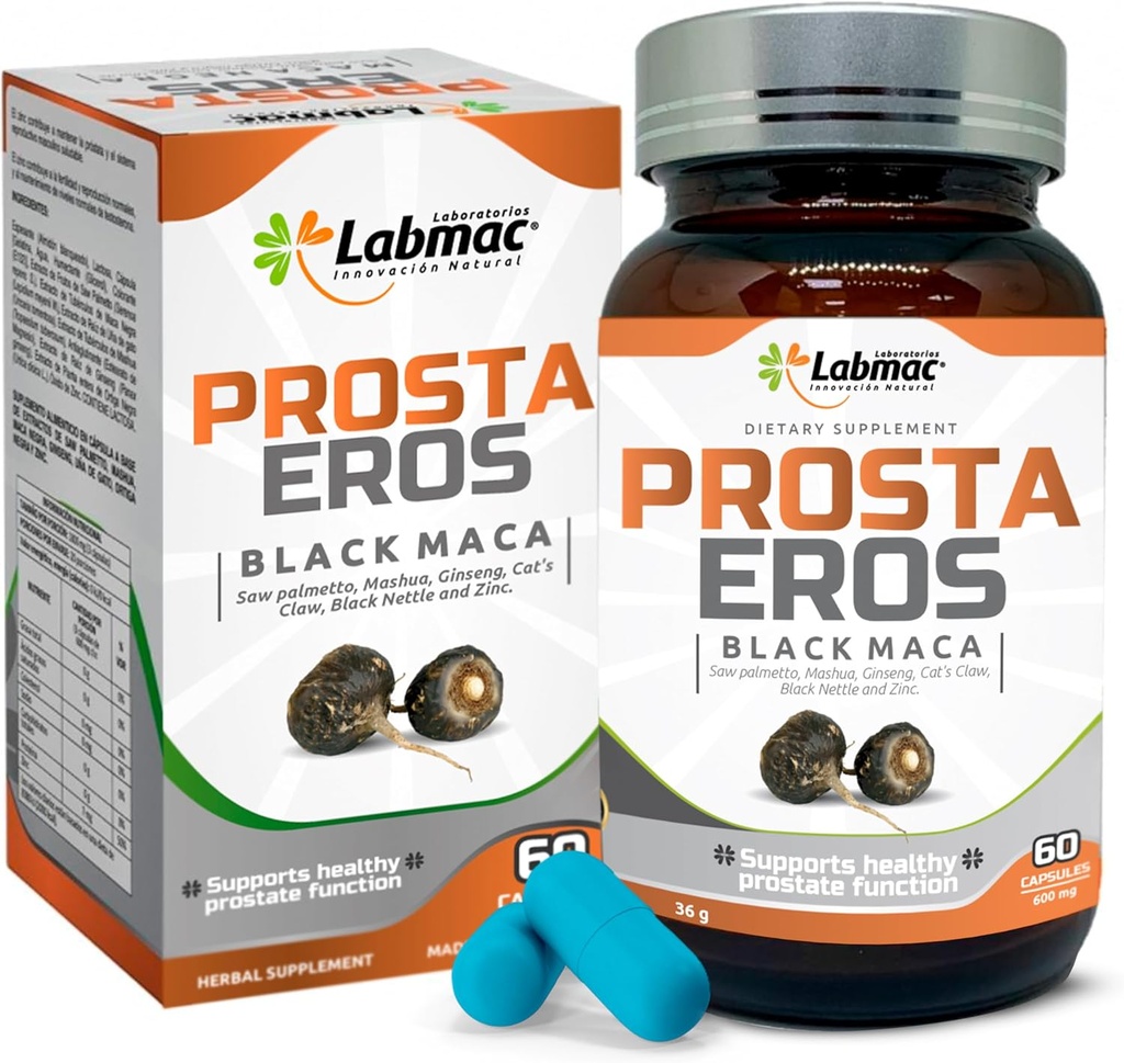 ProstaEros- Prostate Support Supplement - 7 Natural Ingredients - Black Maca, Saw Palmetto, Mashua, Cat's Claw, Gingseg, Black Nettle and Zinc.