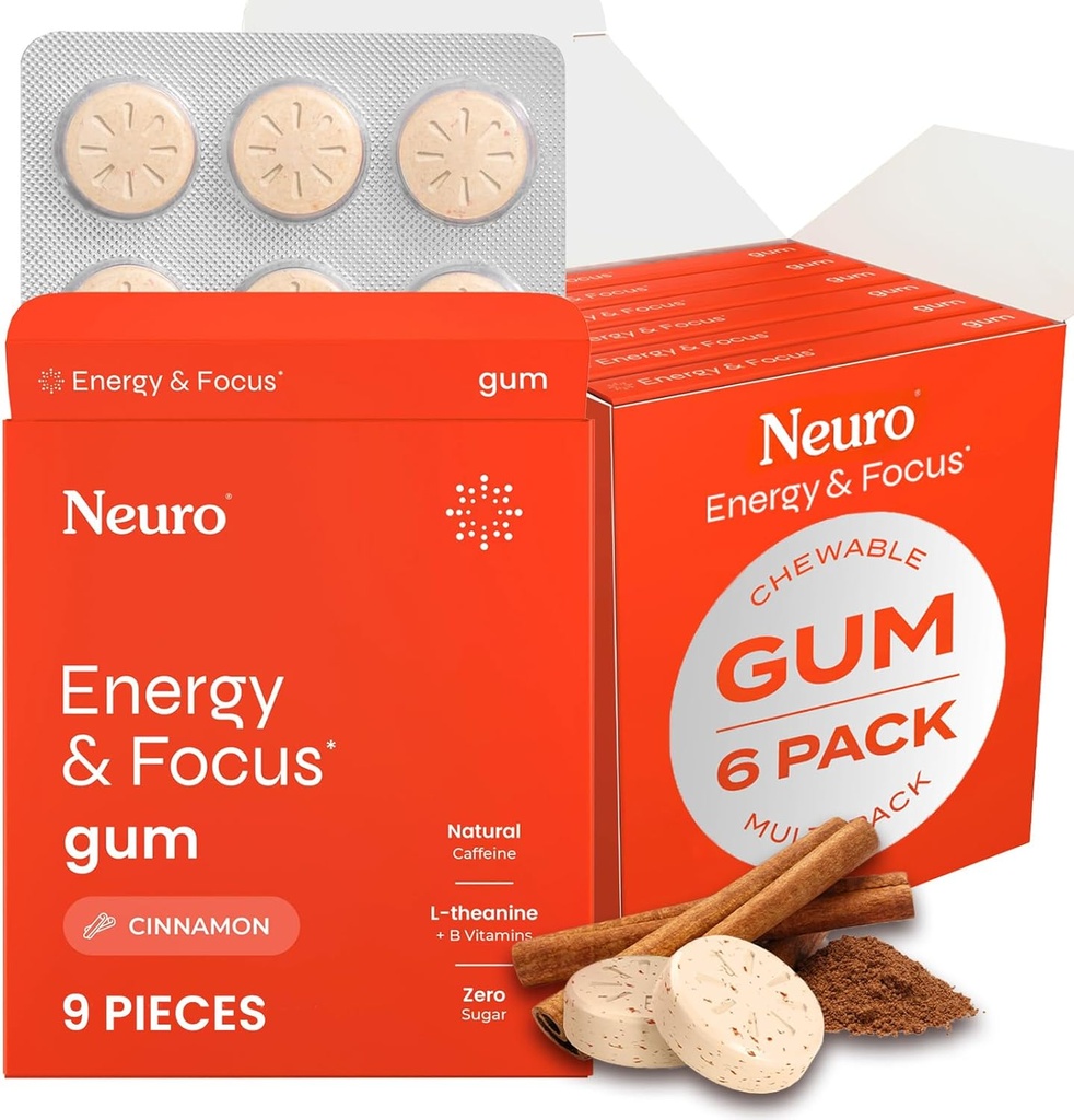 NeuroGum Energy & Focus Gum (5 Count-6 Pack, Cinnamon) | 40 מ"ג טבעי Caffeine + L-theanine + ויטמין B12 & B6 + Xylitol | סוכר חינם Nootropic ביצועים קוגניטיביים