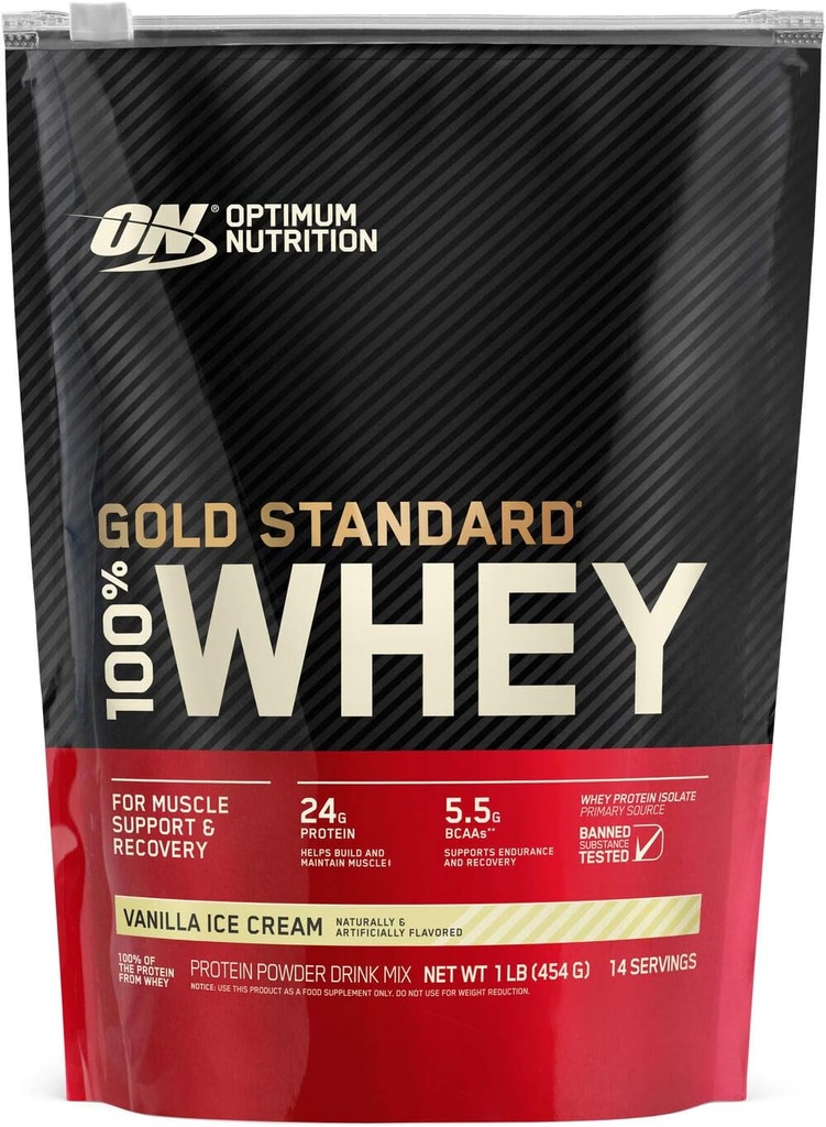 Optimum Nutrition Gold Standard 100% אבקת חלבון Whey, Vanilla Ice Cream, 1 פאונד (Packaging May Vary)