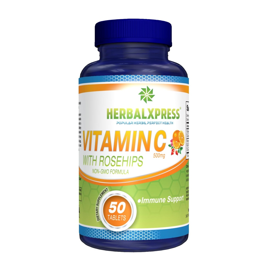 Herbalxpress ויטמין C 500 מ"ג עם Rose HIPS, Ascorbic Acid & Citrus Bioflavonoids 50 טבליות (1 Tub) - The Powerful Duo:- A Complementary Approach to Boost Your Immune System.