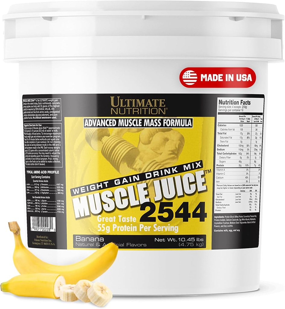 כאבי תזונה האולטימטיביים Juice, Weight Gain Drink - Mass Gainer Workout אבקת עבור גברים ונשים - תוספת עבור Lean שריר צמיחה ו Immune תמיכה עם 55g חלבונים - בננה, 10.45lb