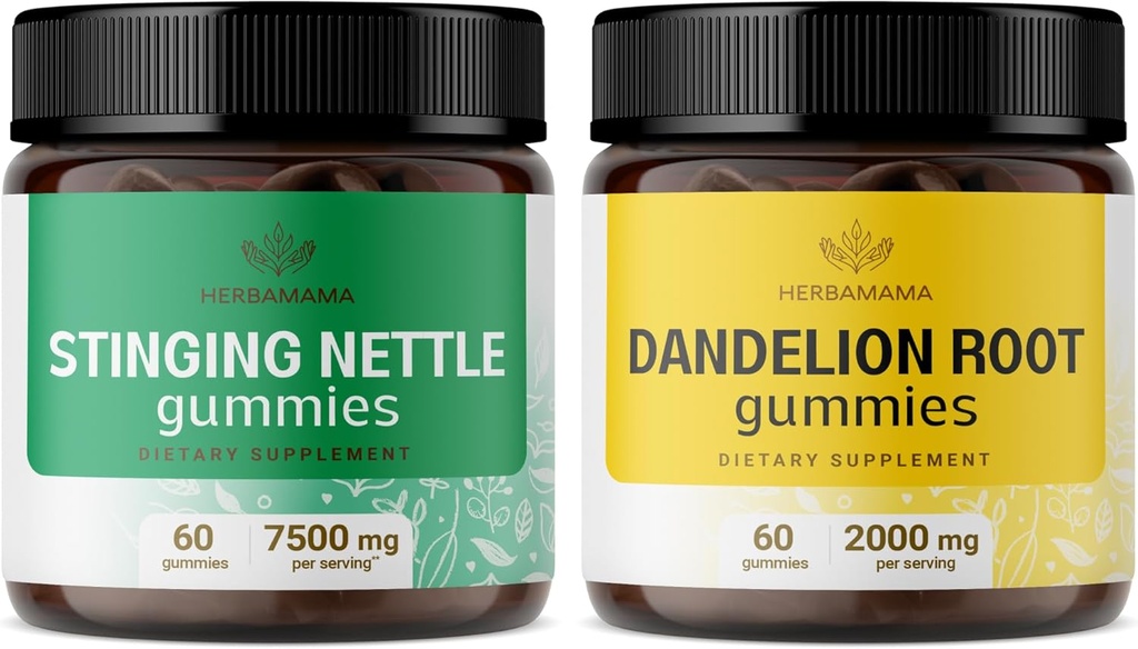 HerBAMAMA Sting Nettle ו Dandelion Kit - Bundle של 7500 מ"ג Sting Nettle Root & 2000 מ"ג Dandelion Root Gummies - טבעוני, non-GMO, Gelatin-Free - 2 Pack