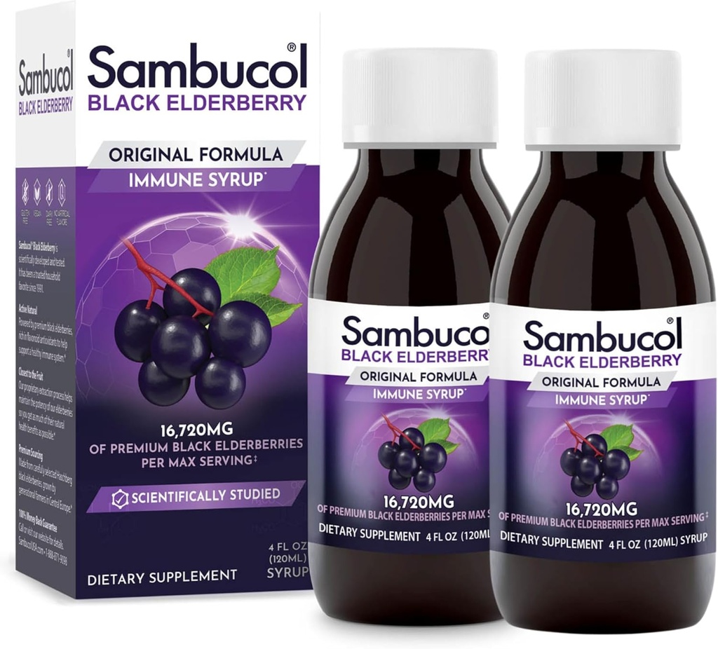 Sambucol Black Elderberry Syrup - Sambucus Elderberry Syrup, Black Elderberry נוזל, Immune Support for Kids and Adults, High Antioxidants, Gluten Free - פורמולה מקורית, 4 Fl Oz, 2Pack