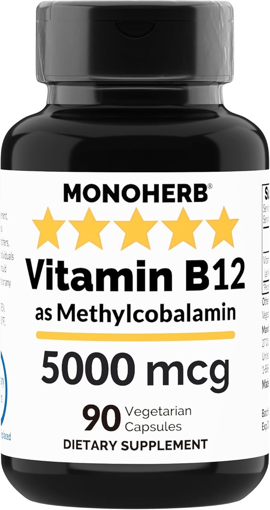 MONOHERB ויטמין B12 Methylcobalamin 5000 mcg - 90 קפסולות צמחוניות - B12 Methylylylobalamin 5000 mcg