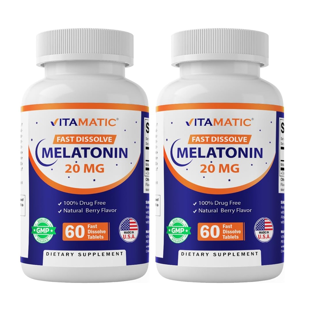 Vitamatic 2-Pack High Potency מלטונין 20 מ"ג - 60 טבליות מפוכחות מהירות לחלוטין תמיכה בשינה - טבעי ברי פלאמור
