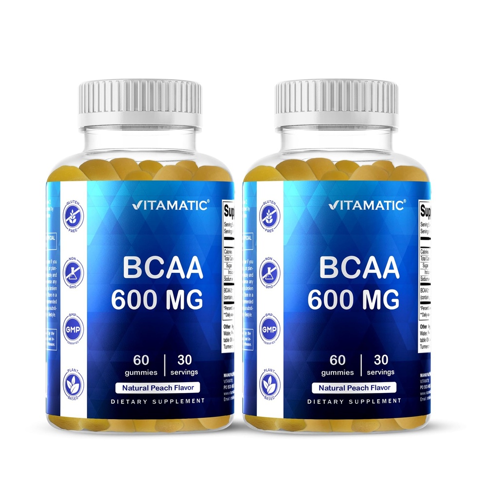 Vitamatic BCAA Gummies - שרשרת שרשרת Amino Acid תוספי - Peach Flavor - 600 מ"ג עבור המשרת - 60 טבעוני Pectin מבוסס חניכיים (2 בקבוקים)